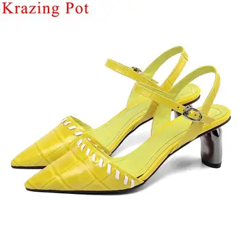 

Krazing Pot elegant lady high heels pointed toe women sandals buckle strap genuine leather slingback plus size party shoes L1f2