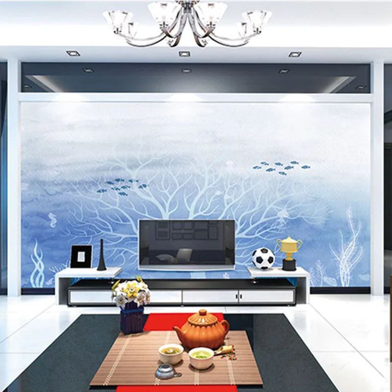 Custom DIY Fabric &amp Textile Wallcoverings For Walls Cloth Murals Velvet cotton and linen Living Room Fish Underwater World |