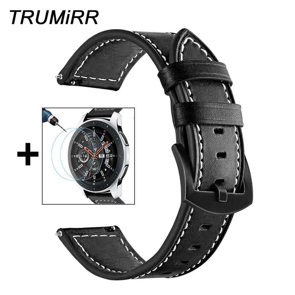 

22mm Genuine Leather Watchband + Screen Protector for Samsung Galaxy Watch 46mm Gear S3 Quick Release Band Wrist Strap Wristband