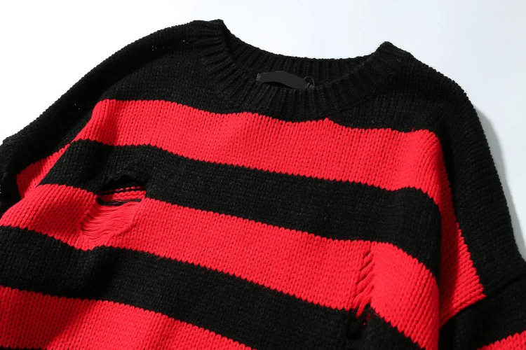 Отверстие модные Пуловеры Весна Европейский-Америка Хай-стрит черный, красный в полоску вязаный свитер Для Мужчин узор в уличном стиле