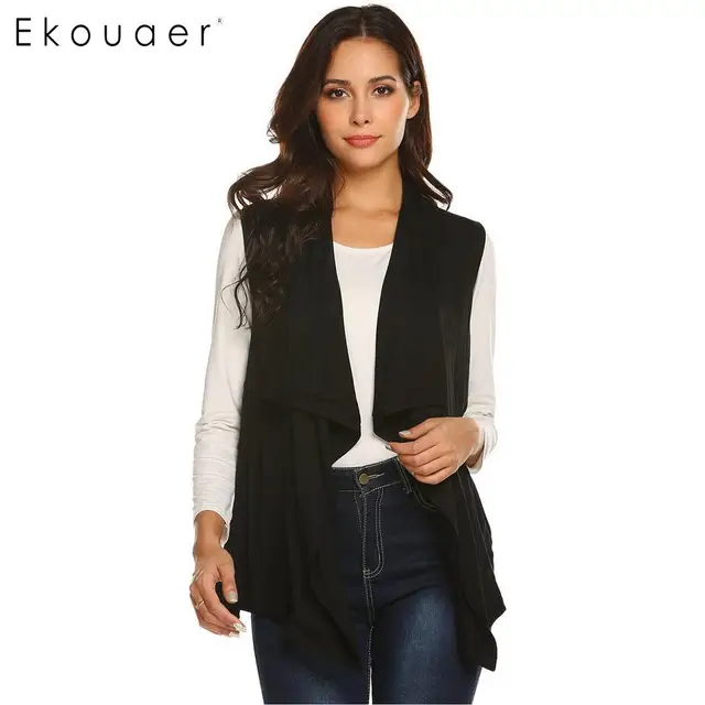 Ekouaer Women Cardigan Vest Casual Solid Sleeveless Asymmetric Hem Open