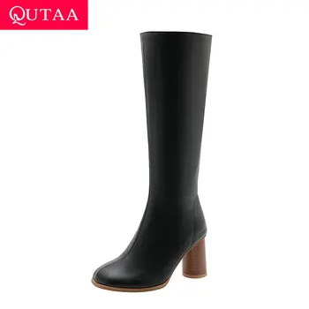 

QUTAA 2020 Round Toe PU Leather Concise Knee High Boots Zipper Fashion Square High Heel Autumn Winter Women Long Boots Size34-43