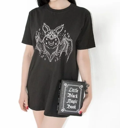 

PUDO-XSX 1 Pcs Womens Summer Gothic Grunge T-shirt Funny Witchcraft Bat Printed Top Tee Women Fashion Goth Vampire T-shirt