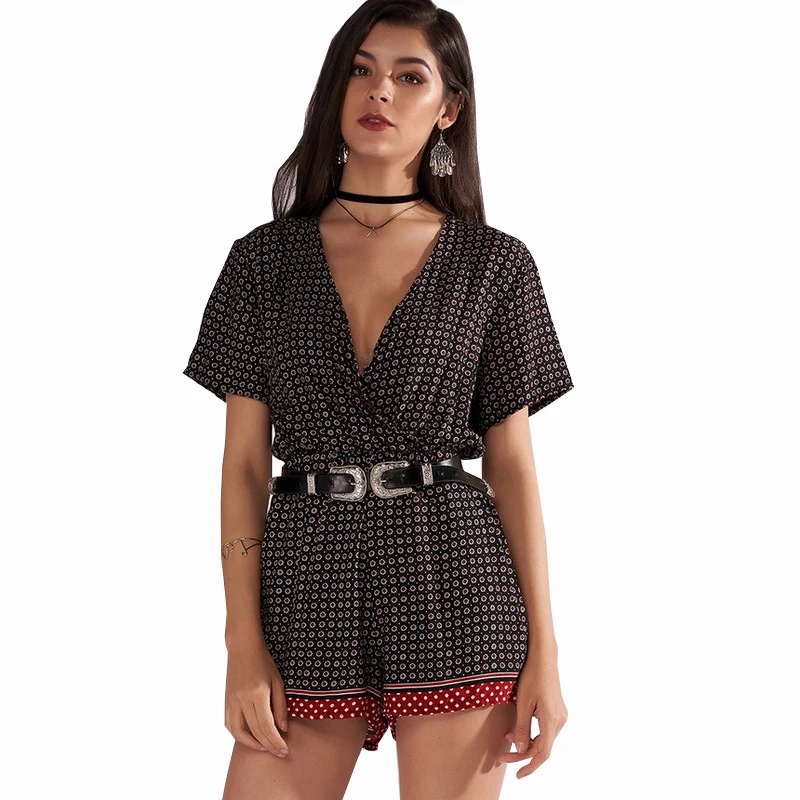 2019 New Summer Bohemian Sexy Overalls for Women V-neck Print Short-sleeved Bodysuit Women Fashion Loose Female Body for Women