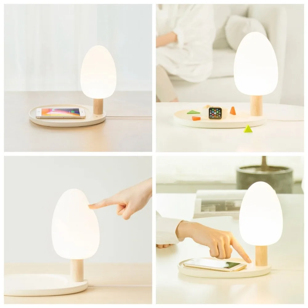 

LED Desk Lamp With Wireless Charger 5W Eye Protection Table Night Light Three Dimmable Touch Wooden Desk Lamps Bed Reading Light