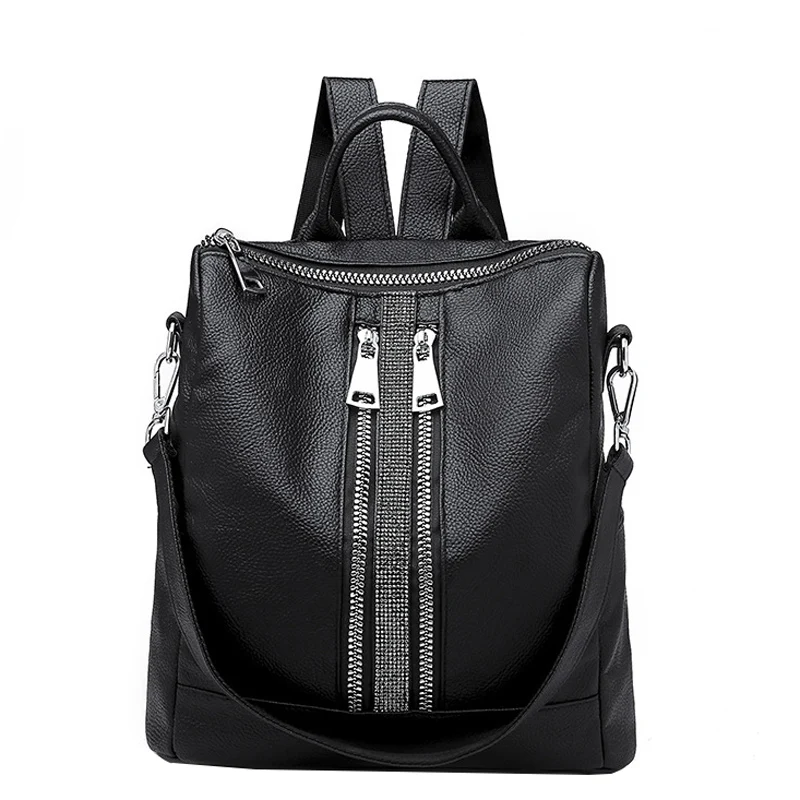 

Double Zipper Backpack Women Bag For Teenage Girls School Bags Silver Imitation leather Backpacks Multifunction Women casual bag