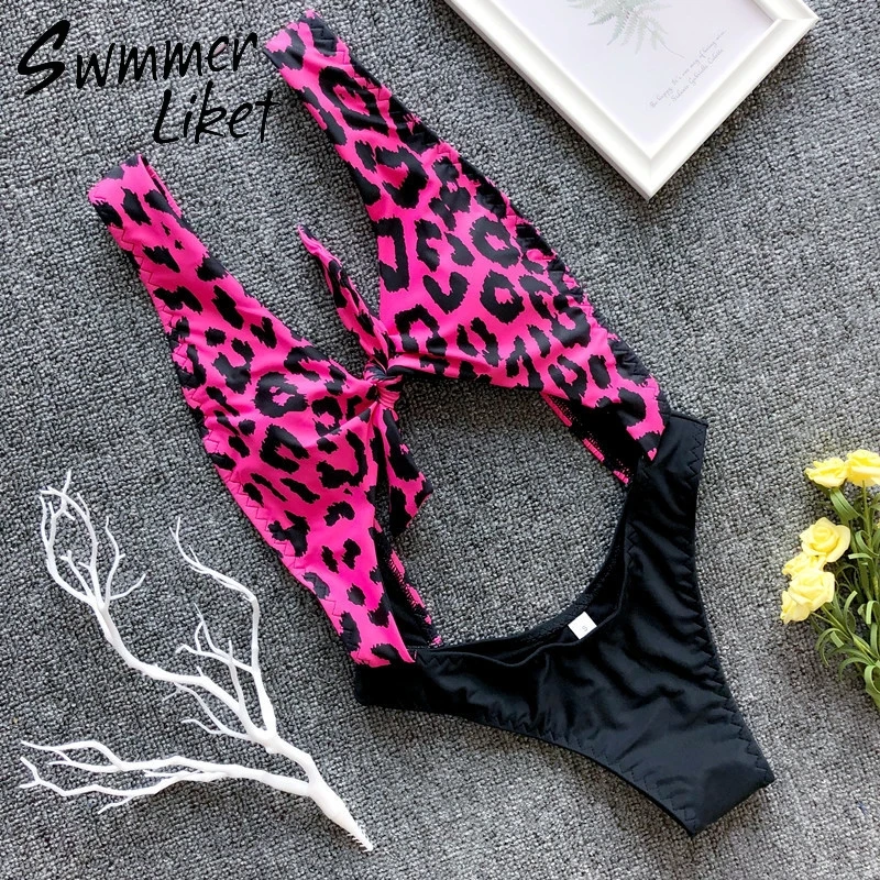 

Leopard printed swimwear women 2019 new front knot bikini sets Sexy deep V neck swimsuit female High cut bodysuits one-pieces