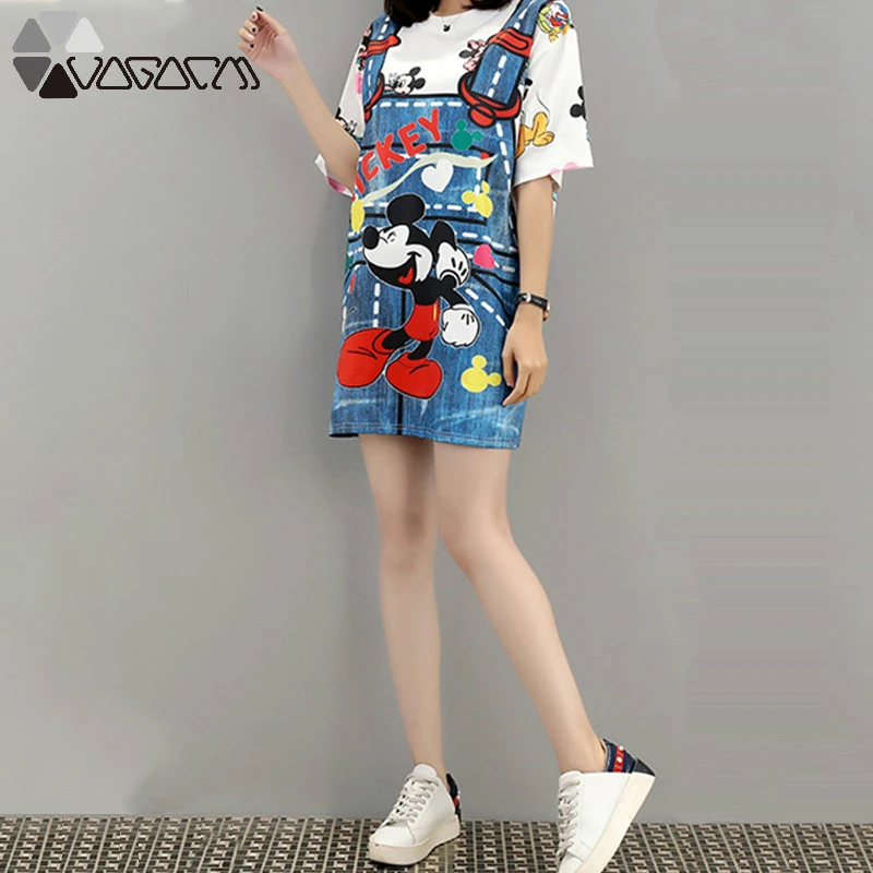

2019 Summer Mickey Mouse Cartoon Dress Fashion Print Vestidos Cute False Strap Female Dresses New Women Clothing Plus Size M-5XL