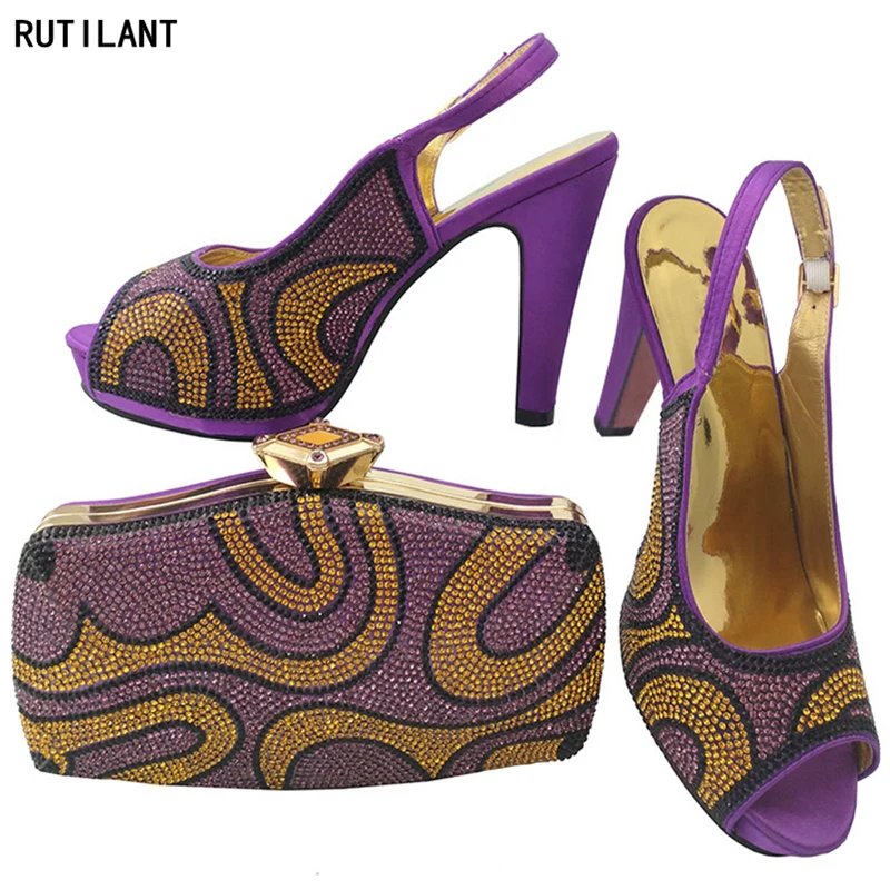 

Latest Purple Color Italian Shoes with Matching Bags High Quality Italian Matching Shoes and Bag Set Decorated with Rhinestone