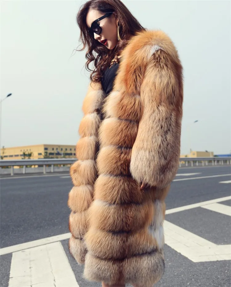 90 см Русский стиль толстое теплое меховое пальто для женщин зимнее великолепное натуральное красное лисьего меха длинное пальто с полным рукавом