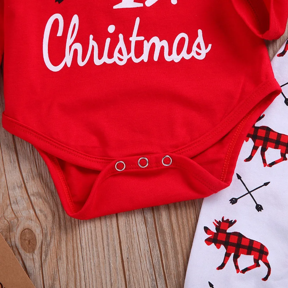 Милая модная Рождественская Одежда для новорожденных мальчиков и девочек детский комбинезон с принтом рождественских букв+ штаны с принтом+ шапочка, комплект из 3 предметов