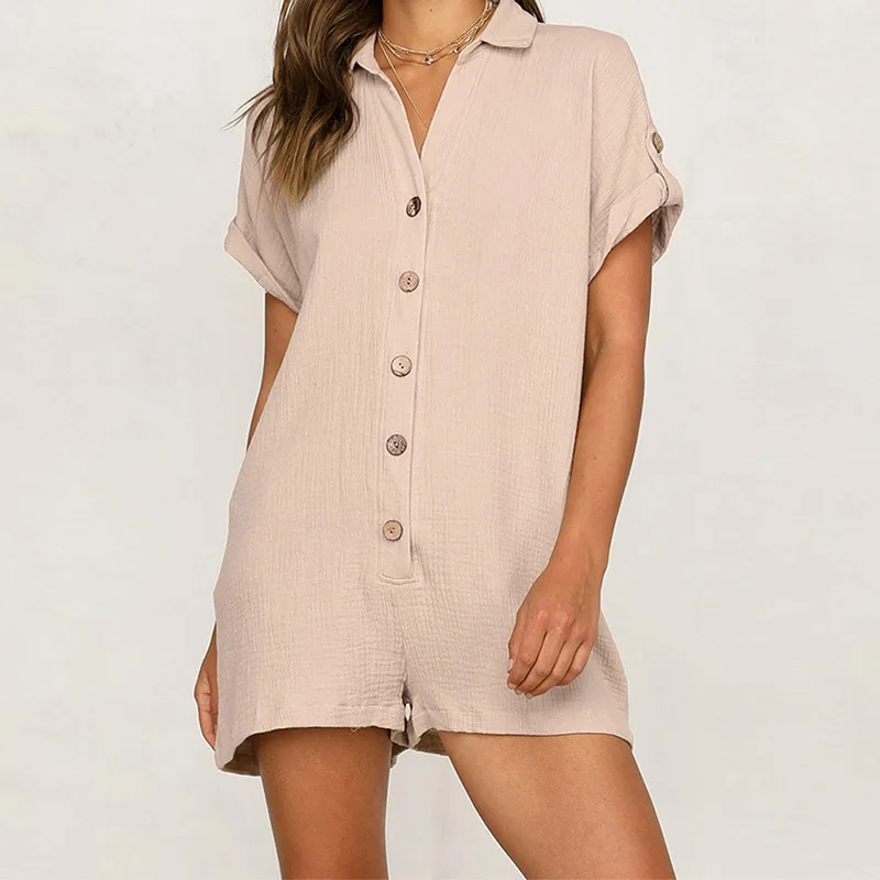 Summer Cotton Linen Cozy Playsuit Women Short Sleeve Button Rompers Casual Pockets Solid Playsuit Loose Wide Leg Sexy Jumpsuit Summer Cotton Linen Cozy Playsuit Women Short Sleeve Button Rompers Casual Pockets Solid Playsuit Loose Wide Leg Sexy Jumpsuit
