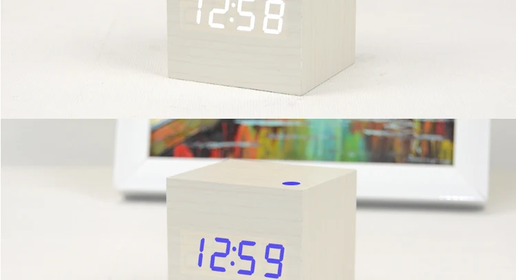 Многоцветный куб светодиодный деревянный будильник Современный звуковой контроль квадратный Рабочий стол Цифровой термометр дерево USB/AAA отображение даты