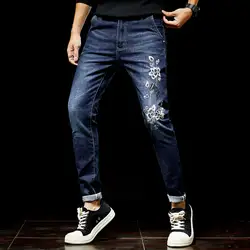 Цветок Тощий Для мужчин джинсы дизайн Повседневное байкерские джинсы мода Slim Fit Strech брюки длинные брюки Для мужчин Прямые джинсы джинсовые