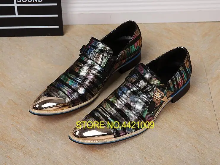

British style black striped mixed color slip on men's oxfords luxury real leather pointed leather shoes casual party stage shoes