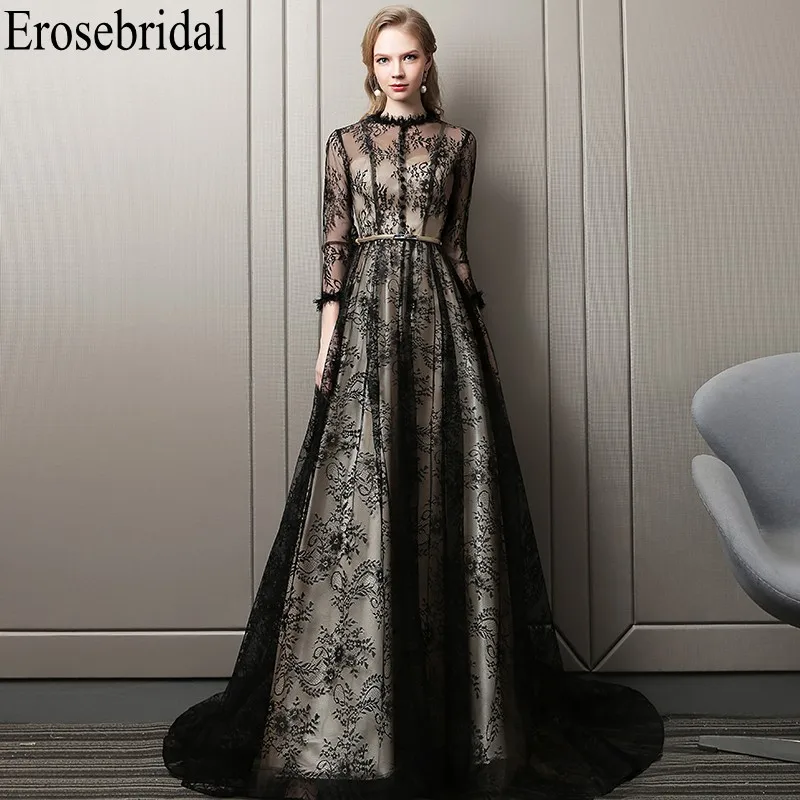 2019 3/4 Sleeve Evening Dress Long Black with Illusion Bodice Elegant O Neck Design Lace Prom Party Gowns Small Train 2019 3/4 Sleeve Evening Dress Long Black with Illusion Bodice Elegant O Neck Design Lace Prom Party Gowns Small Train
