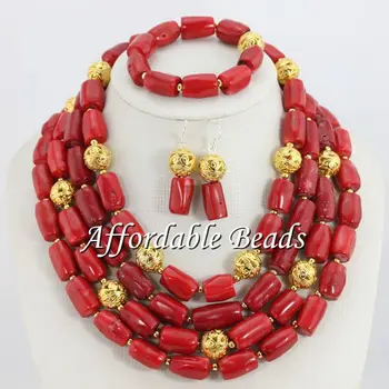 

Red Nigerian Beads Jewelry Set Charming Coral Beads Necklace Set Wholesale Free Shipping CN107