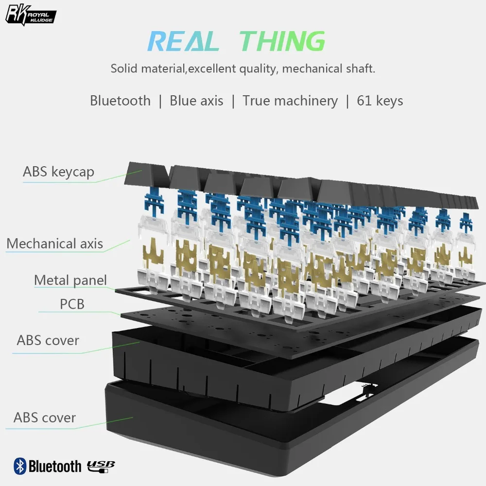 RK RK61 Механическая игровая белая клавиатура Беспроводной Bluetooth 60% Клавиатуры 61 ключей RGB подсветкой Подсветка, темно-синий, коричневый, красный переключатель
