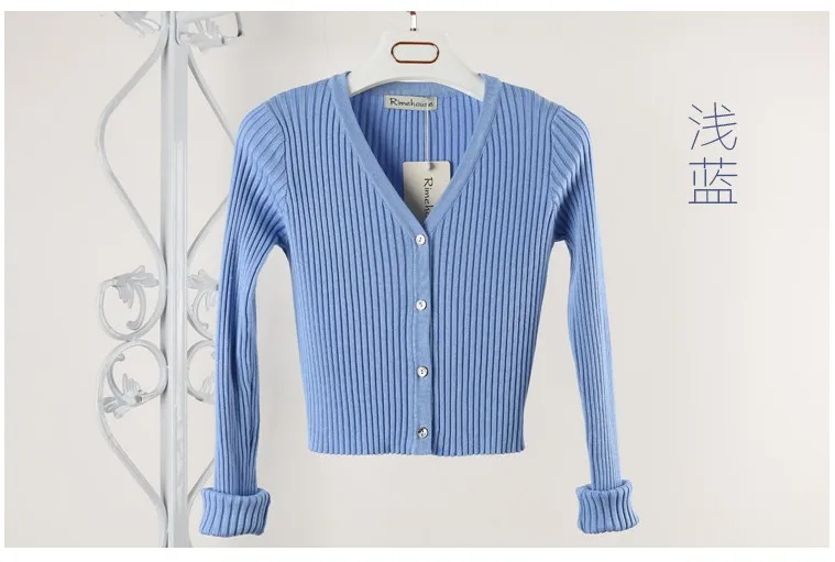 12 цветов, весна, Женский вязаный Повседневный короткий свитер с v-образным вырезом и длинным рукавом, кардиганы, женская вязаная короткая тонкая верхняя одежда - Цвет: light blue