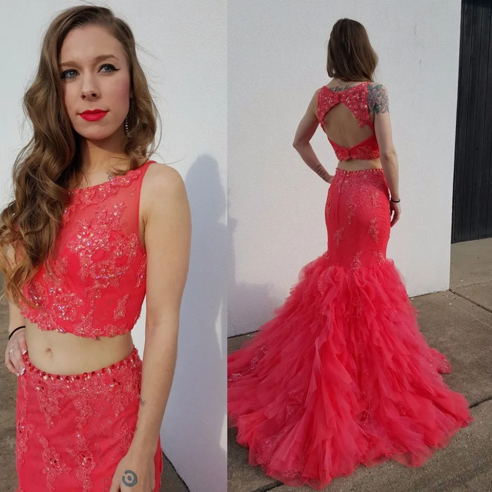 Robe-De-Soiree-Sexy-2-Pieces-Prom-Dresses-2016-Scoop-Neck-Floor-Length-Mermaid-Beading-Tulle