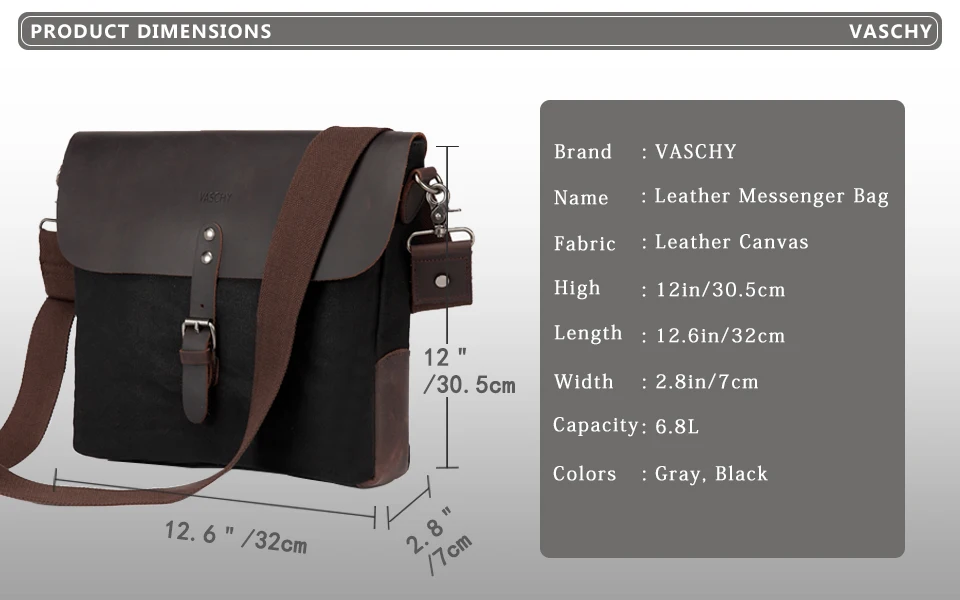 VASCHY винтажная маленькая сумка-мессенджер из натуральной кожи, вощеная холщовая Мужская классическая сумка через плечо с клапаном, Черная мужская сумка для iPad