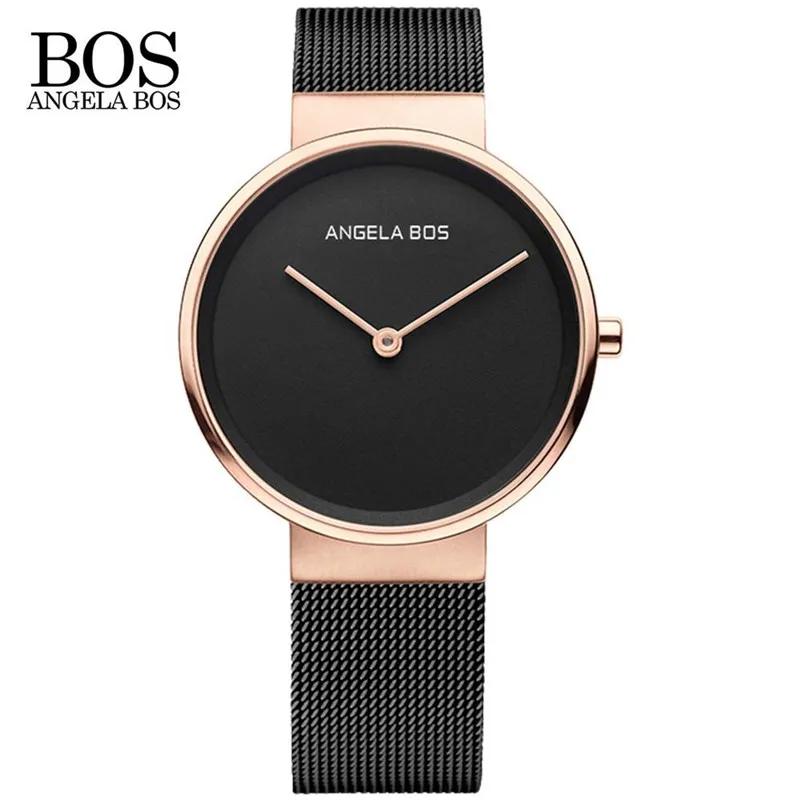 ANGELA BOS Simple Mens Quartz Watches Brand Fashion Business Women Watch Men Stainless Steel Mesh Strap