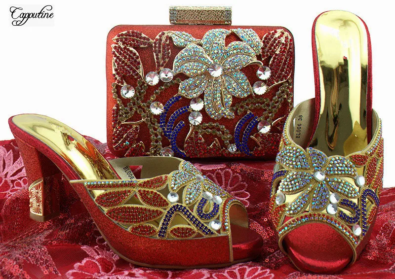 

New arrival wedding set red with rhinestones sandal shoes with handbag set BL006,heel height 8cm