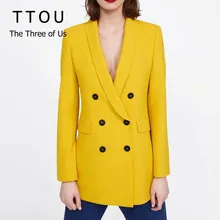 TTOU желтый цвет костюм Блейзер куртка для женщин модное пальто с длинным рукавом для женщин элегантный двубортный пиджак костюмы для женщин