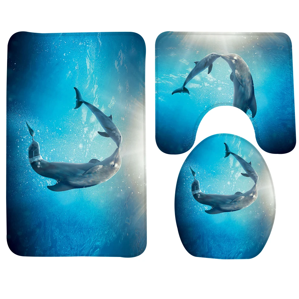 3pcs Bath Mat Sets Dolphin Dauphins Underwater Pattern Bathroom Mat Non