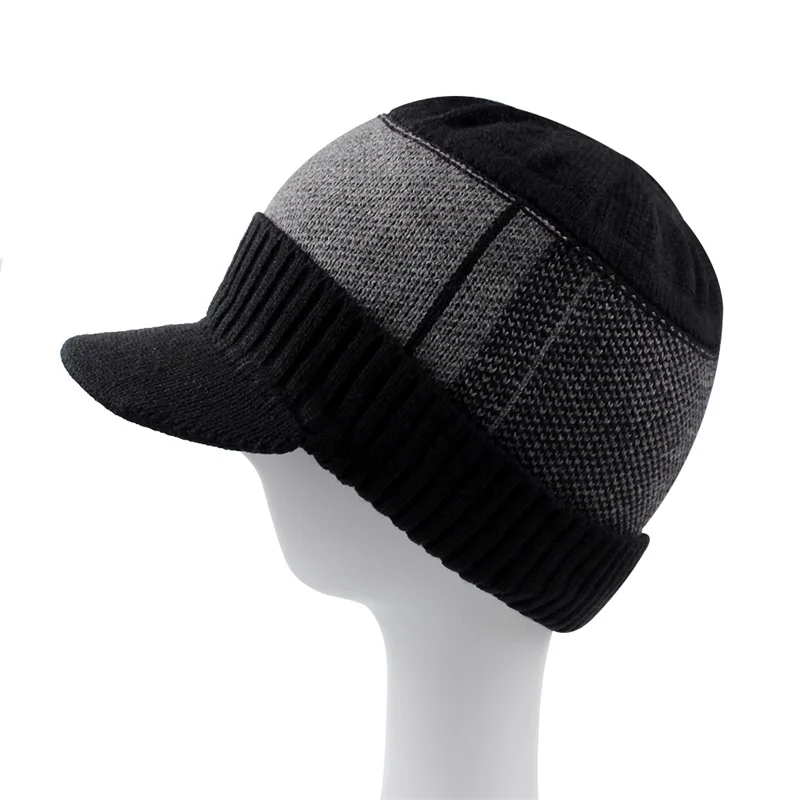 Warm Winter Men Hat Knit Cable Visor Male Beanie Fleece Lining Patchwork Beanie Stripe Newsboy Cap Outdoor Sport Adult Hat  (23)