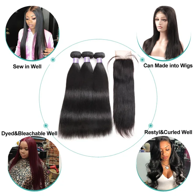 Brazilian Straight Hair Bundles With Closure Middle Part Sew In