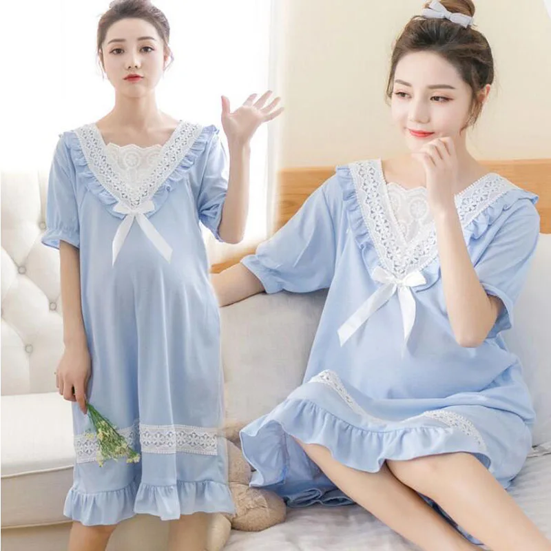 

Summer Maternity Sleepwear Lace Bow Cotton Ruffles Pregnant Breastfeeding Nightgown Dress
