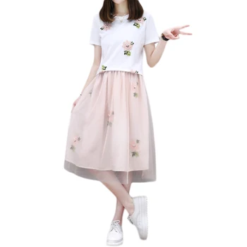 

Summer Women Skirt Suit Fashion Embroidery Beading White Ladies T-shirt Tops + Net Yarn Skirt Two Sets Student Cute Skirt Suit