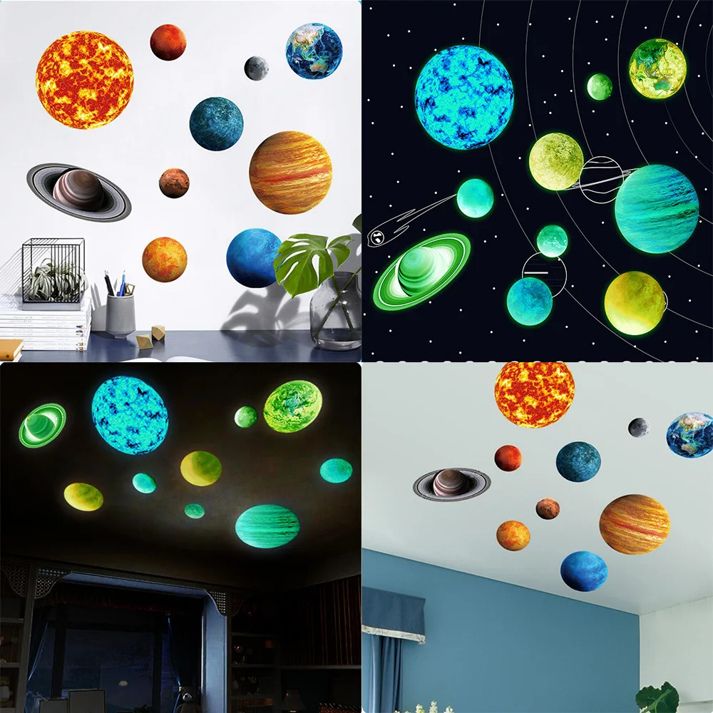 

10pcs Wall Sticker nine planets galaxy Planetary Fluorescent Removable Glowing in Dark Sticker Planet Solar Home Decor Bedroom
