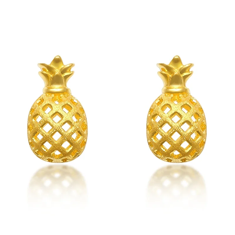 

New Arrival 24K Yellow Gold Earrings Women 999 Gold Pineapple Stud Earrings