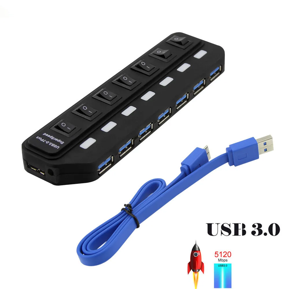7-Port USB Hub 3.0 High Speed 5Gbps USB Splitter With AU/EU/UK/US Power Adapter On/Off Switch For PC Laptop Computer Accessories