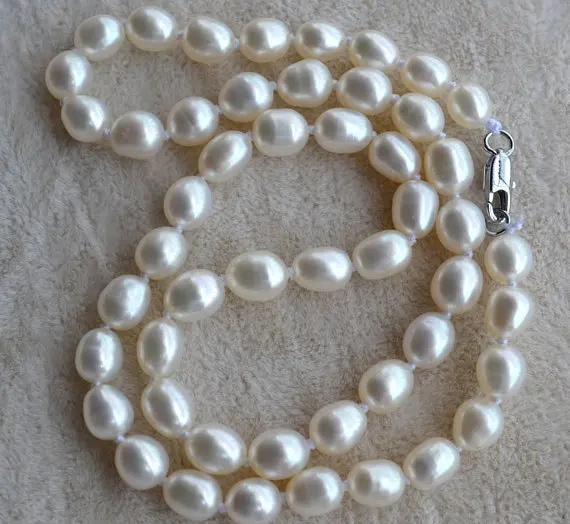 100 Real Pearl Necklace,White Color 6 7mm 16 Inches Rice Shape