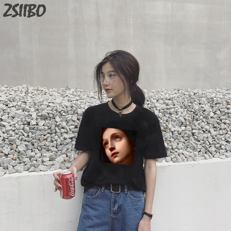 Black T-shirt casual female Michelangelo Sistina tshirt harajuku Virgin Mary Short sleeve t shirt women kawaii female tshirt