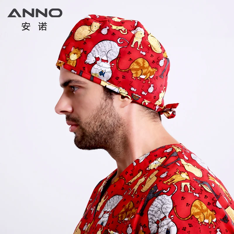 ANNO Medical caps Red Cotton Short/Long Hair Surgical Surgeon's Surgery Hat Hospital Doctor Nurse Hat Men Scrub Hats With Mask