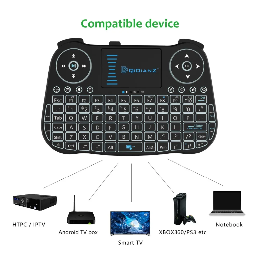 DQiDianZ 2,4G с подсветкой Сенсорная панель Мини Беспроводная игровая клавиатура для Android Smart tv Box PC-черный, встроенная литиевая батарея
