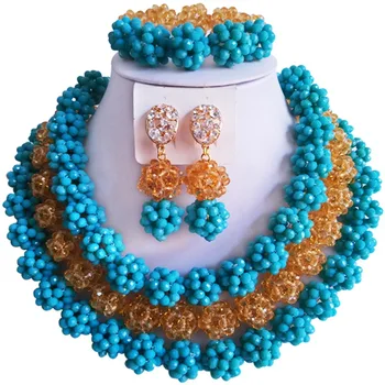 

Hot Sale Opaque Lake Blue Champagne Gold African Wedding Beads Crystal Jewelry Set 3C-SJTQ-06