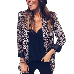 Для женщин Винтаж Leopard Blazer карман с отложным воротником с длинными рукавами пальто верхняя одежда мода Casaco женственные Топы