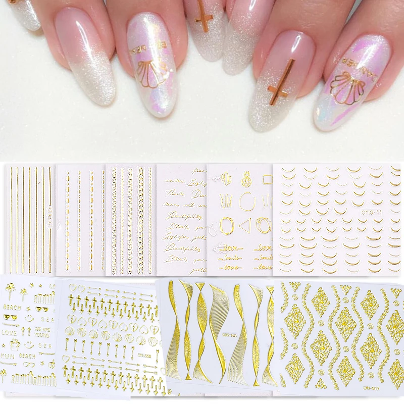 

30Sheets Gold 3D Nail Sticker Geometric patterns Moon/Star/Stripes/ Line /shell Sticker Decals Tips Manicure Nail Art Decals