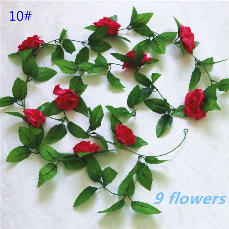 1pcs/lot 230-250cm Artificial Flowers Silk Roses Ivy Vine diy with Green Leaves Fake leaf artificial flowers for home decoration - Цвет: 10Rose Red 9 flower