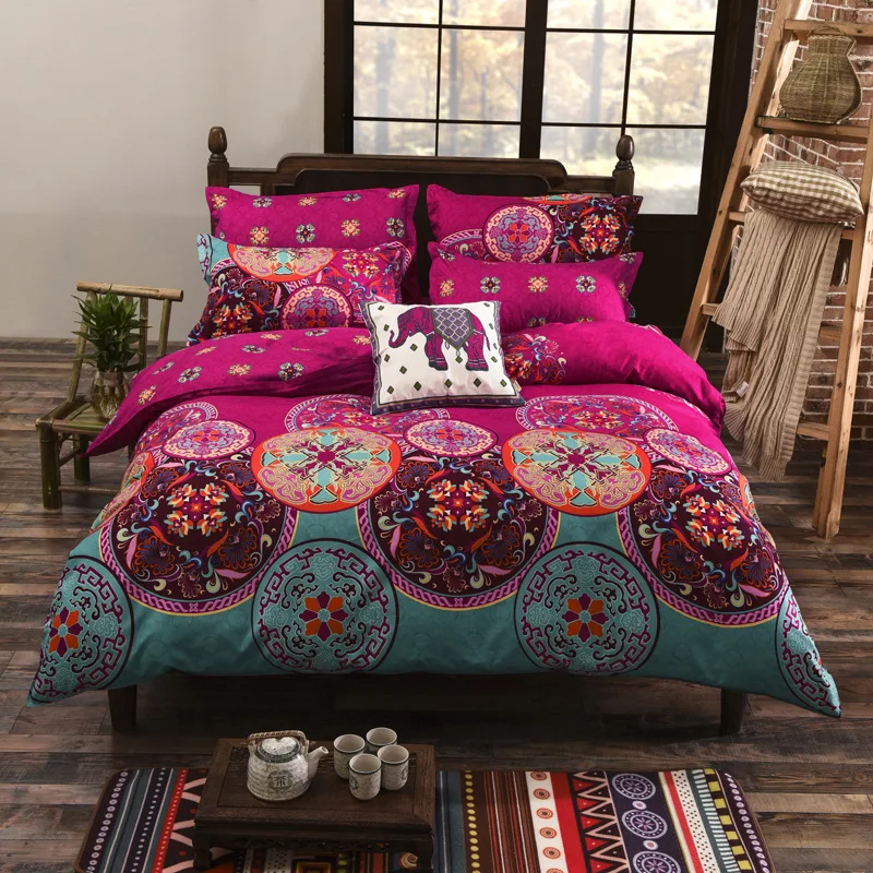 

HM Life Bohemian Style Bedding set Floral Printed Bed linens Twin Queen King Size 4pcs Duvet Cover Flat Sheet Pillow case