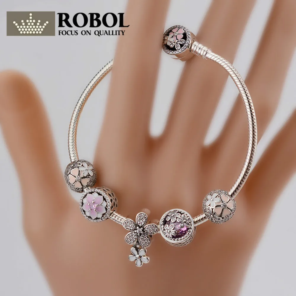 

ROBOL Genuine 100% 925 Sterling Silver Bracelet For Set Women Spring flowers Star Original birthday Gift charm Jewelry