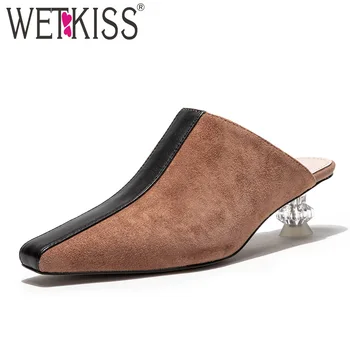 

WETKISS Transparent Unusual Heels Women Slippers Square Toe Footwear Slides Shoes Woman Kid Suede Female Mules Shoes Woman 2019