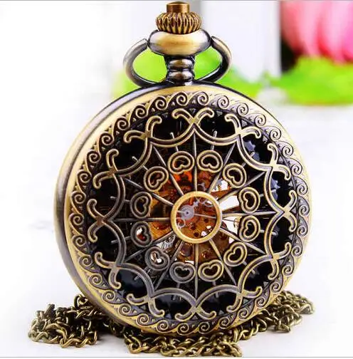 

luxury Bronze antiques A spider's web Hollow Mechanical hand wind Black face Necklace pocket watches Gift