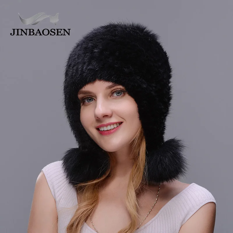 

JINBAOSEN 2019 Women's winter warm water mane fur hat fur black fox fur ball fur liner knit wool hat ear protector ski cap
