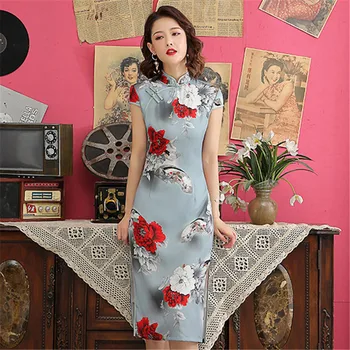 

Novelty Chinese Style Qipao Elegant Grey Satin Women Formal Dress Sexy High Split Print Flower Cheongsam Plus Size 3XL 4XL